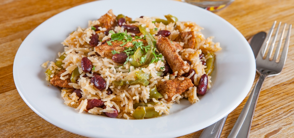 Caribbean chicken with rice and beans